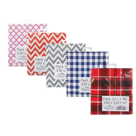 Serviettes 2ply 33cm 20pc Tartan/Zigzag